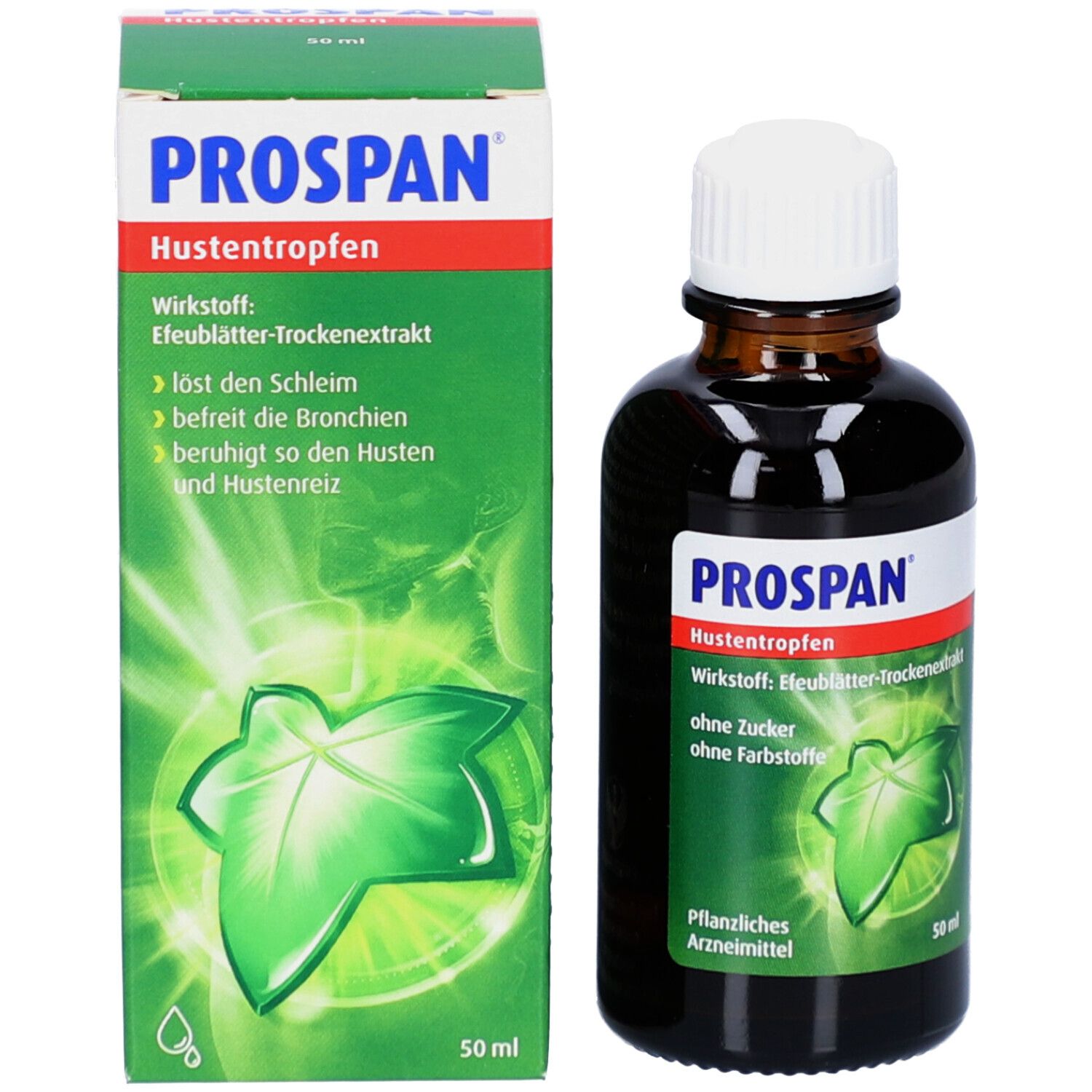 Braune Glasflasche mit weißem Verschluss und Umverpackung. Auf der Flasche und der Verpackung steht PROSPAN Hustentropfen.