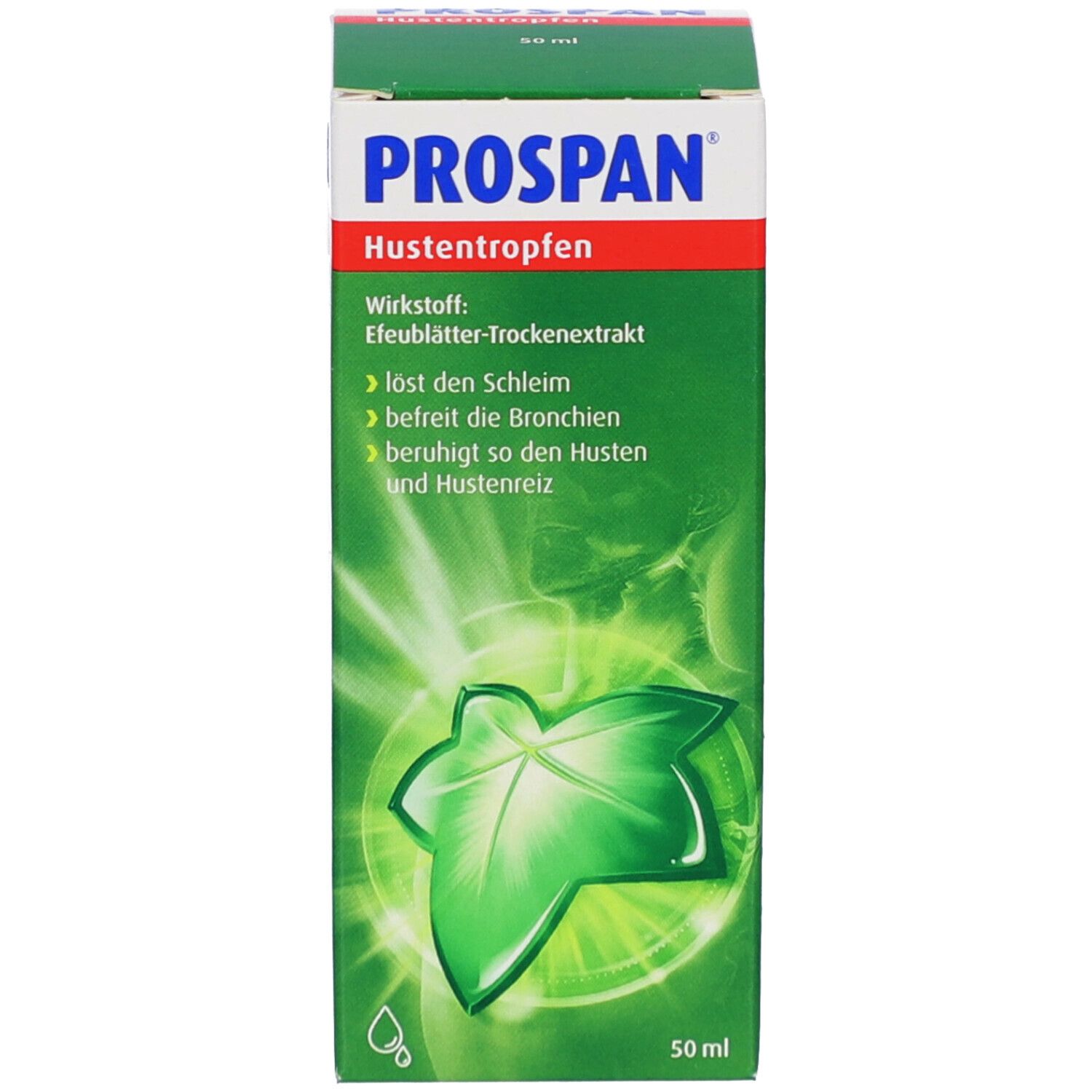 Umverpackung mit Produktinformationen. Auf der Verpackung steht PROSPAN Hustentropfen, Wirkstoff: Efeublätter-Trockenextrakt.