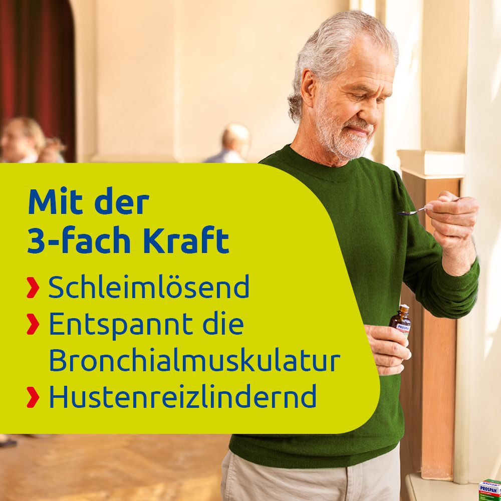 Älterer Mann mit Löffel. Text: Mit der 3-fach Kraft: Schleimlösend, entspannt die Bronchialmuskulatur, Hustenreizlindernd.