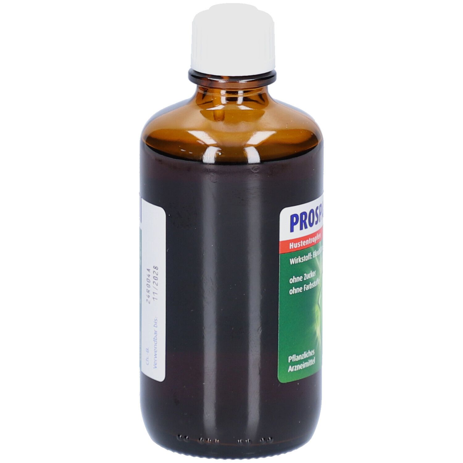 Braune Glasflasche mit weißem Verschluss. Etikett mit Produktinformationen. Pflanzliches Arzneimittel.