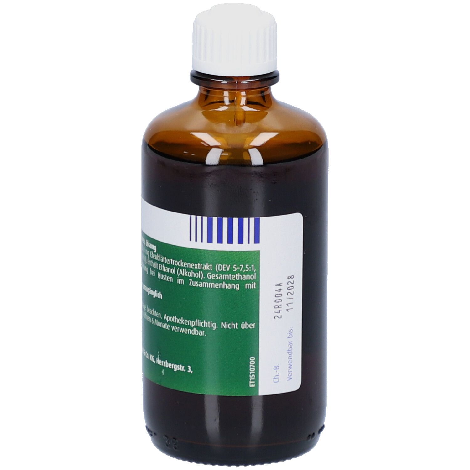 Braune Glasflasche mit weißem Verschluss. Etikett mit Produktinformationen und Barcode. Pflanzliches Arzneimittel.