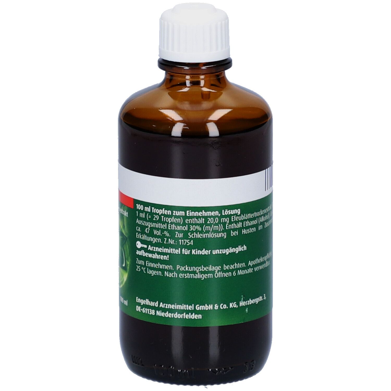 Braune Glasflasche mit weißem Verschluss. Etikett mit Produktinformationen. Pflanzliches Arzneimittel.