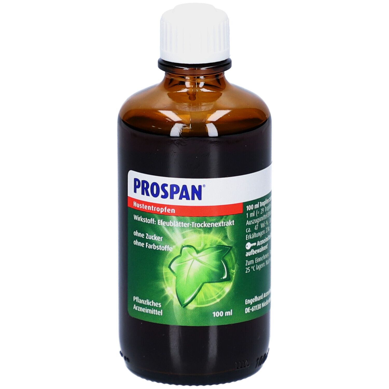 Braune Glasflasche mit weißem Verschluss. Etikett mit Produktnamen und Logo. Pflanzliches Arzneimittel.