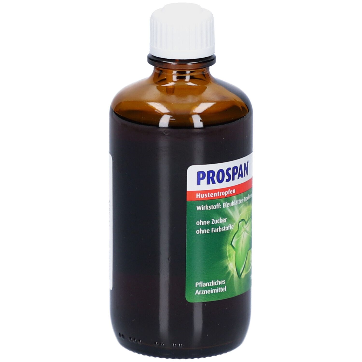 Braune Glasflasche mit weißem Verschluss. Etikett mit Produktnamen und Logo. Pflanzliches Arzneimittel.