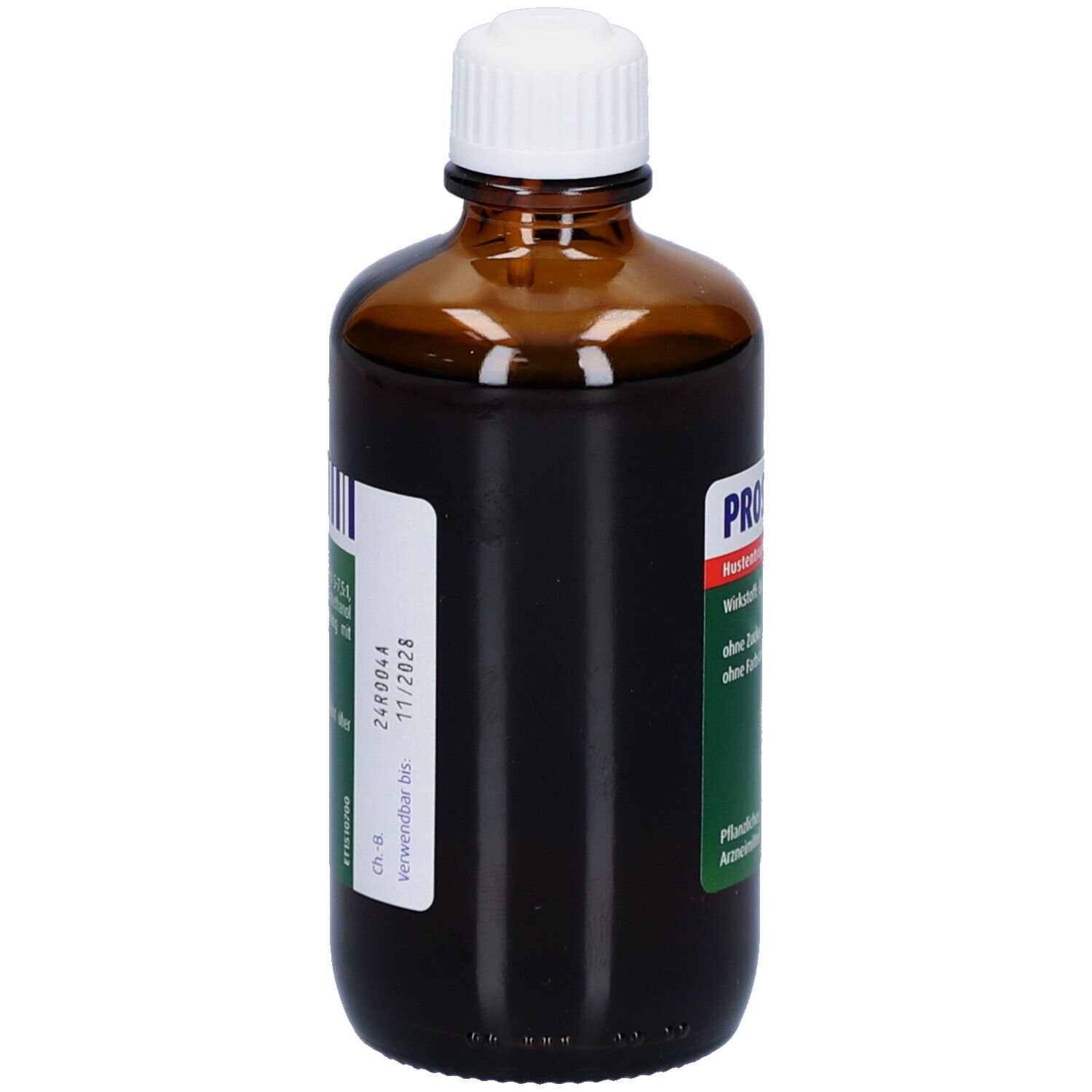 Braune Glasflasche mit weißem Verschluss. Etikett mit Produktinformationen. Pflanzliches Arzneimittel.