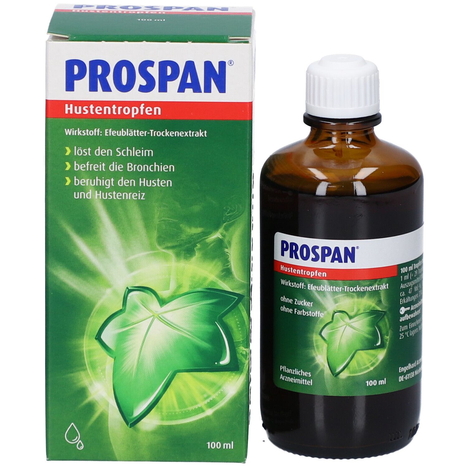 Braune Glasflasche mit weißem Verschluss und Karton. Produktname und Logo auf dem Karton und der Flasche.