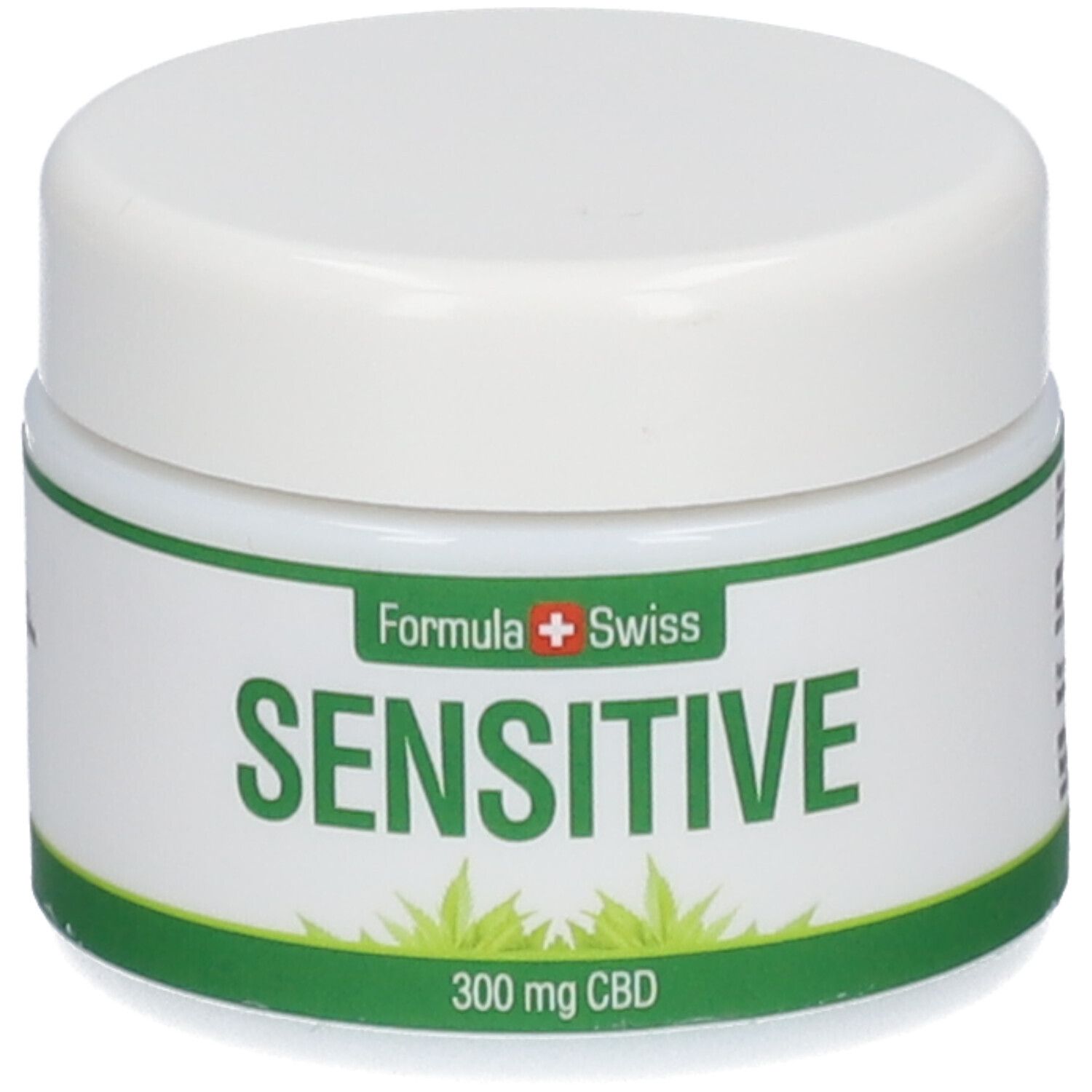 Weißes Cremetiegel mit grünem Etikett. Aufschrift: SENSITIVE, 300 mg CBD. Marke: Formula Swiss.