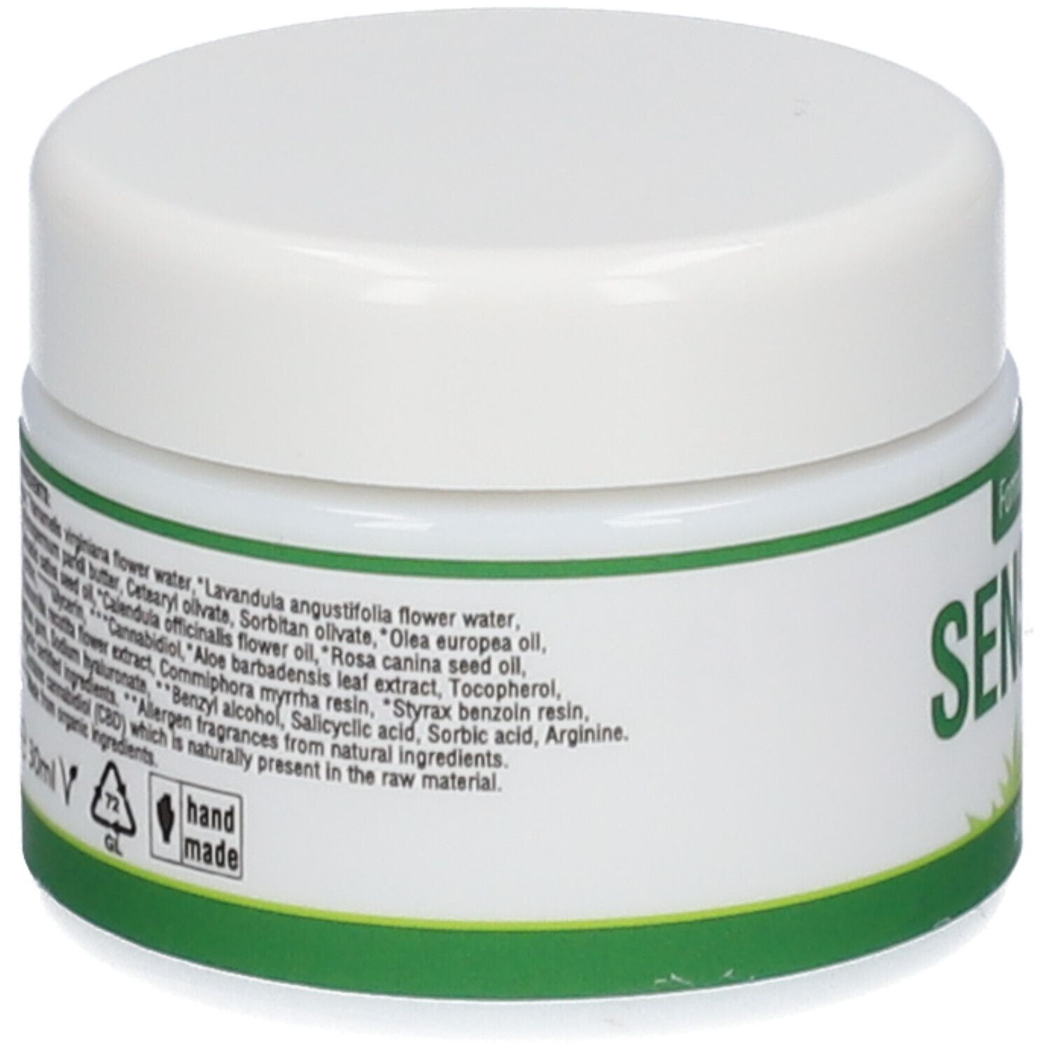Rückseite des Cremetiegels. Grüne Etikett mit Inhaltsstoffen und Informationen. Hand made-Logo.