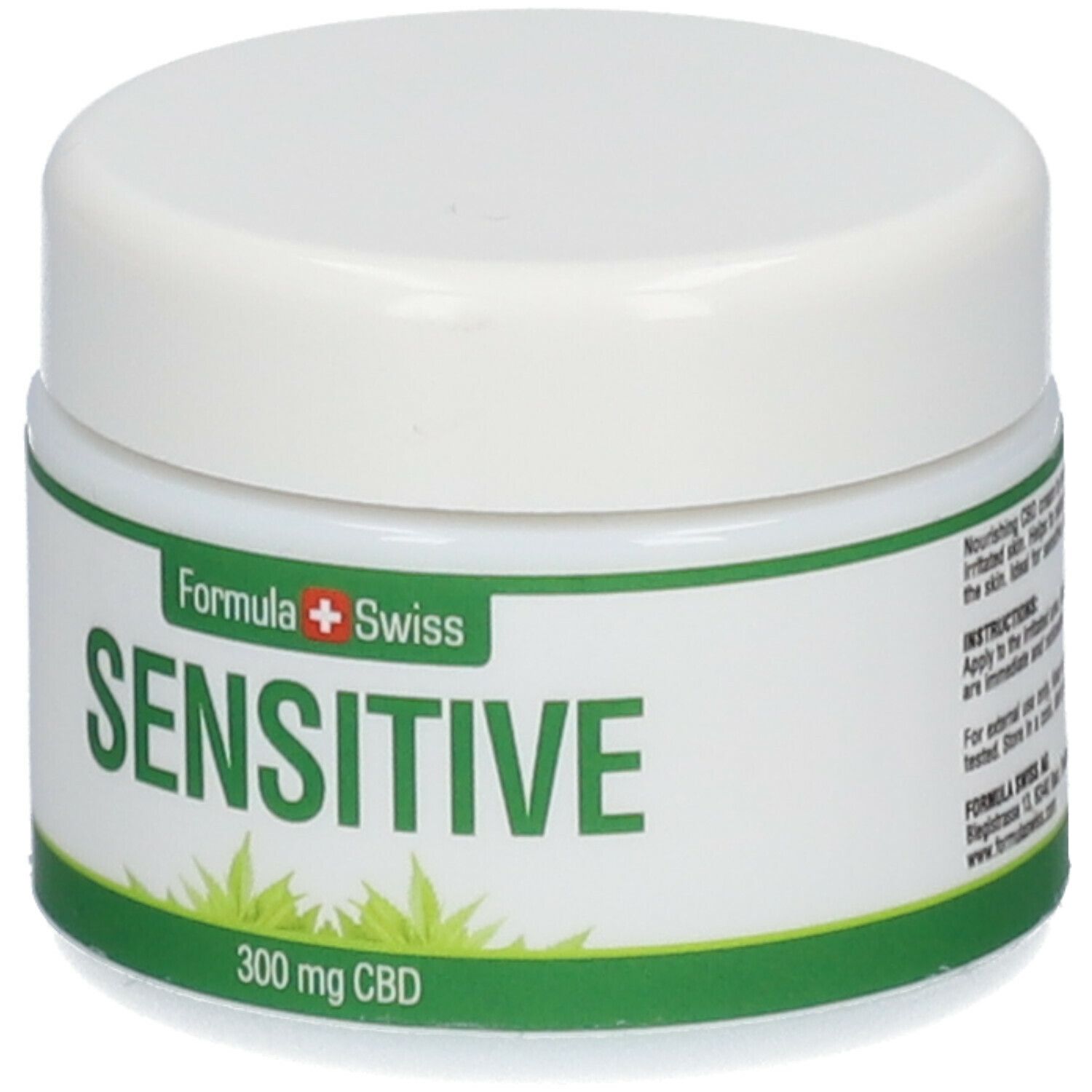 Weißes Cremetiegel mit grünem Etikett. Aufschrift: SENSITIVE, 300 mg CBD. Marke: Formula Swiss.
