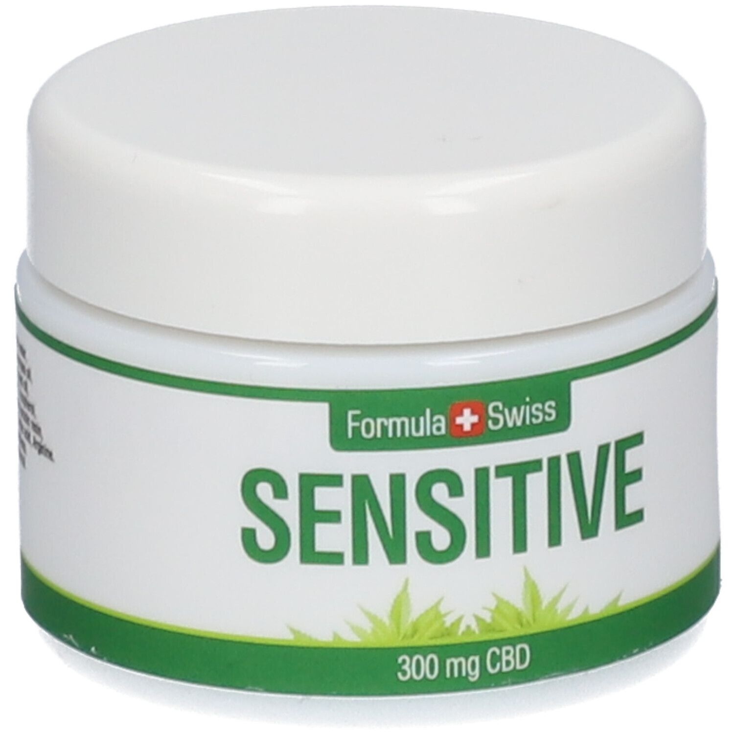 Weißes Cremetiegel mit grünem Etikett. Aufschrift: SENSITIVE, 300 mg CBD. Marke: Formula Swiss.