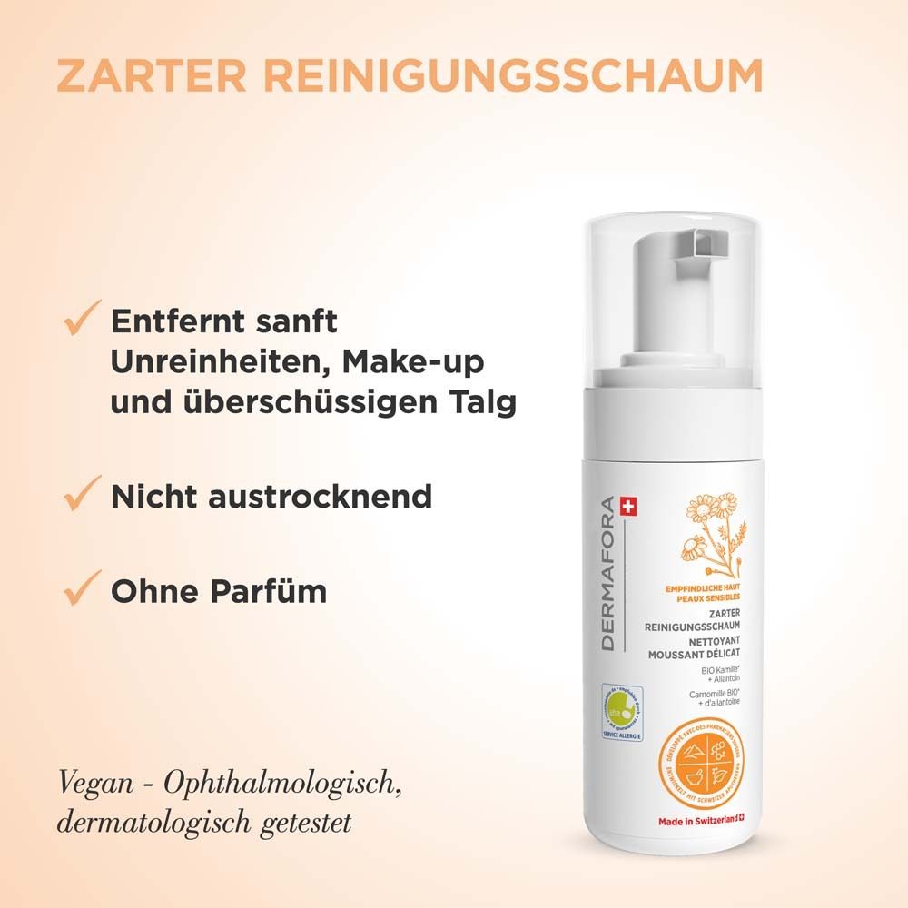 Weiße Flasche mit Pumpverschluss. Text: Zarter Reinigungsschaum. Ohne Parfum. Vegan, dermatologisch getestet.