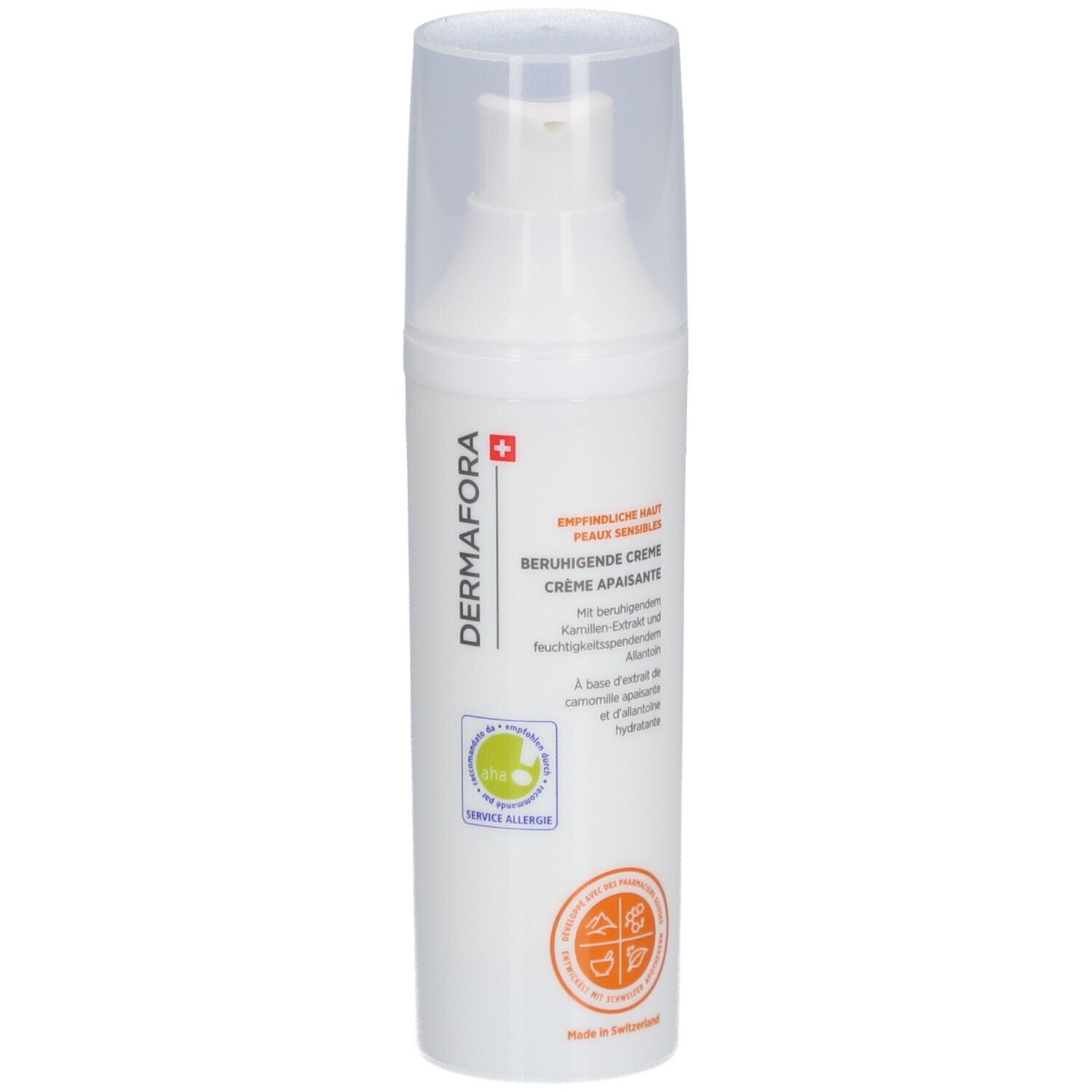 Weiße Flasche mit Dosierpumpe und Klarsichtkappe. Aufschrift: DERMAFORA, Beruhigende Creme. Logo: Schweizer Kreuz.