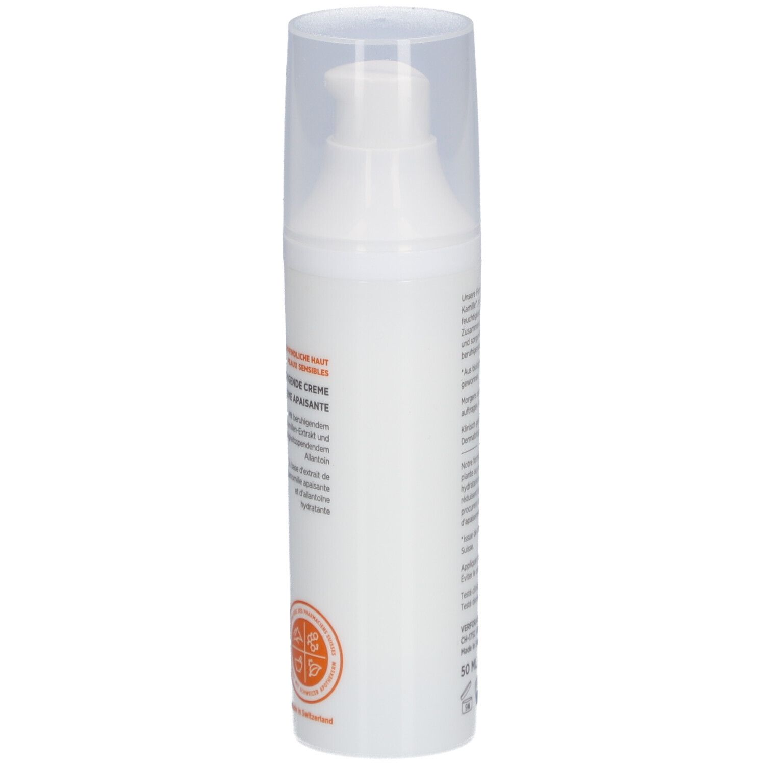 Weiße Flasche mit Dosierpumpe und Klarsichtkappe. Aufschrift: DERMAFORA, Beruhigende Creme. Logo: Schweizer Kreuz.