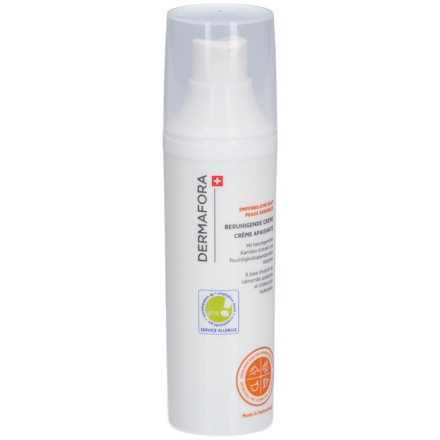 Weiße Flasche mit Dosierpumpe und Klarsichtkappe. Aufschrift: DERMAFORA, Beruhigende Creme. Logo: Schweizer Kreuz.