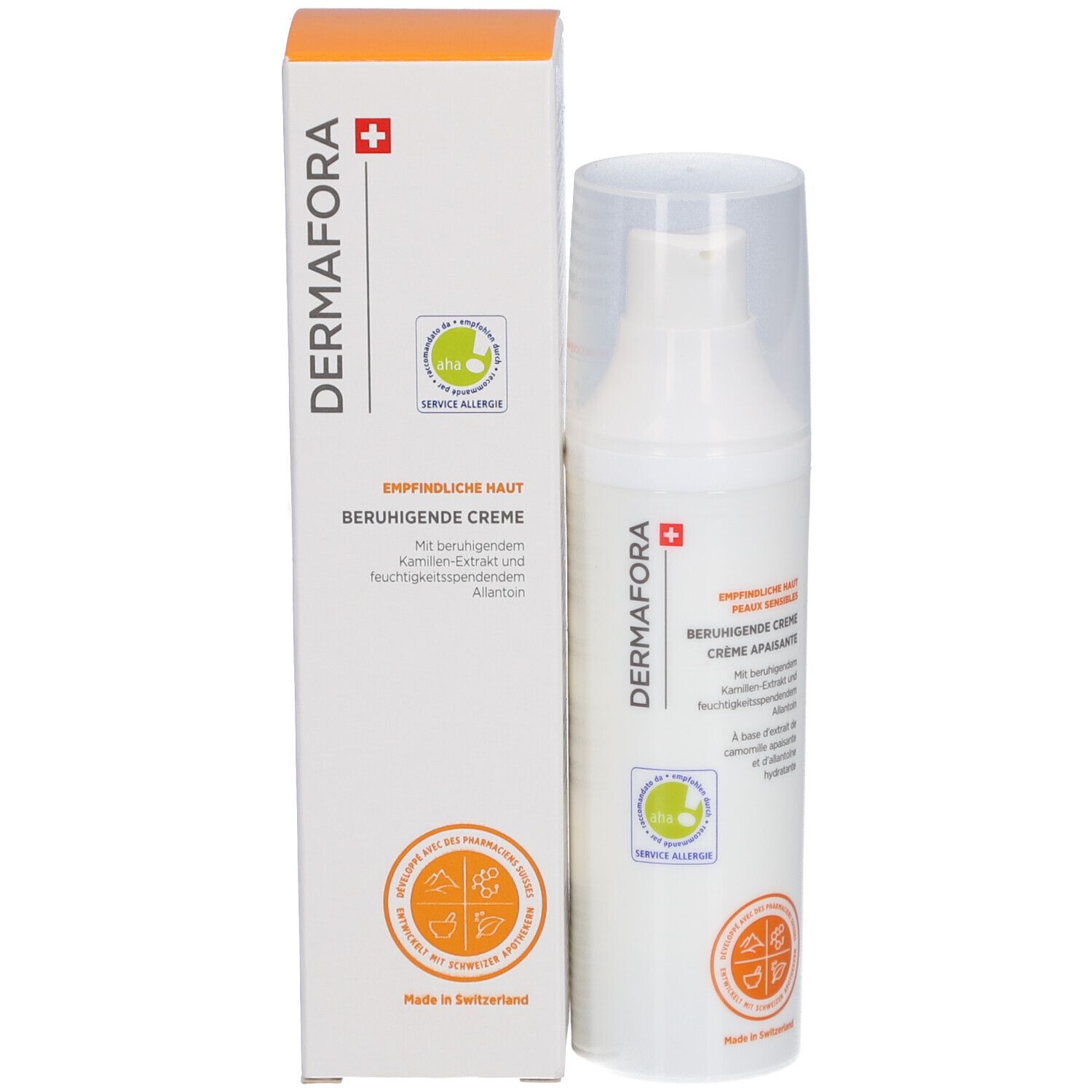 Produktflasche und Verpackung. Weiße Flasche mit Dosierpumpe und Klarsichtkappe. Aufschrift: DERMAFORA, Beruhigende Creme.