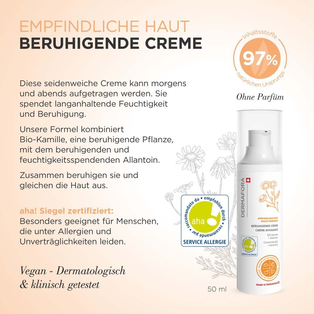 Creme für empfindliche Haut. Enthält 97% natürliche Inhaltsstoffe, ohne Parfüm. Mit aha! Siegel zertifiziert.
