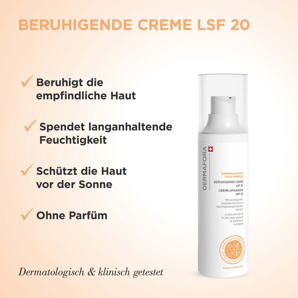 Produktflasche mit Text. Text: Beruhigt empfindliche Haut, spendet Feuchtigkeit, schützt vor Sonne, ohne Parfum. Dermatologisch getestet.
