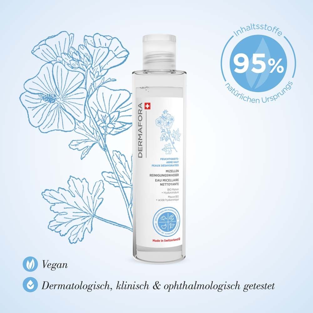 Produktflasche mit floraler Illustration und Text. 95% natürlichen Ursprungs. Vegan und dermatologisch getestet.