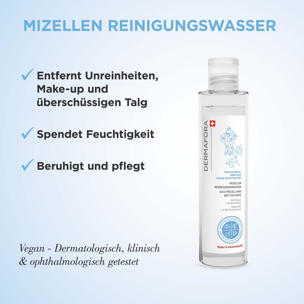 Produktflasche mit Text. Entfernt Unreinheiten, Make-up und Talg. Spendet Feuchtigkeit. Beruhigt und pflegt. Vegan und dermatologisch getestet.