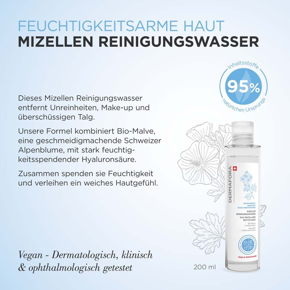 Produktflasche mit Text. Mizellen Reinigungswasser für feuchtigkeitsarme Haut. 95% natürlichen Ursprungs. 200 ml.