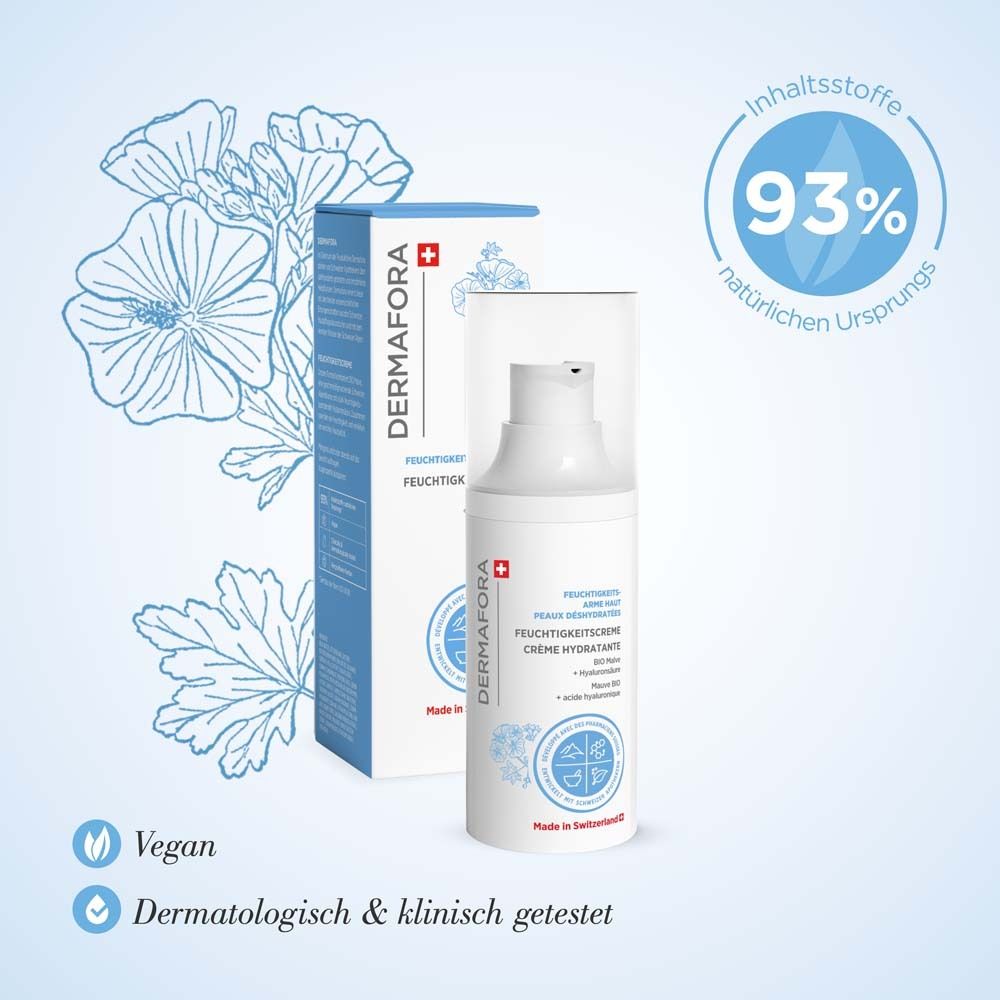 Produktflasche und Schachtel. Logo und Produktname. Text: Feuchtigkeitscreme. 93% natürliche Inhaltsstoffe. Vegan.