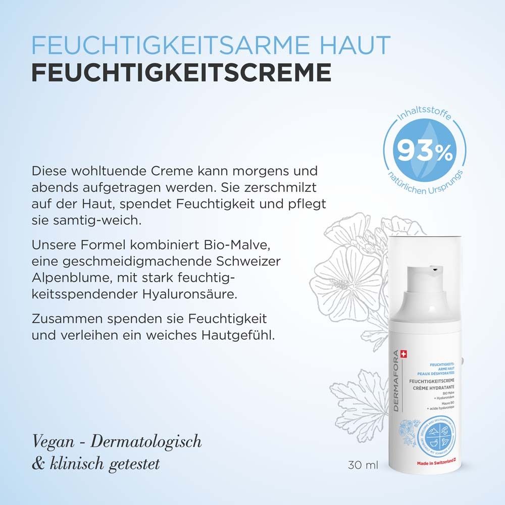 Produktflasche. Text: Feuchtigkeitscreme. 30 ml. Vegan. Dermatologisch getest. 93% natürliche Inhaltsstoffe.