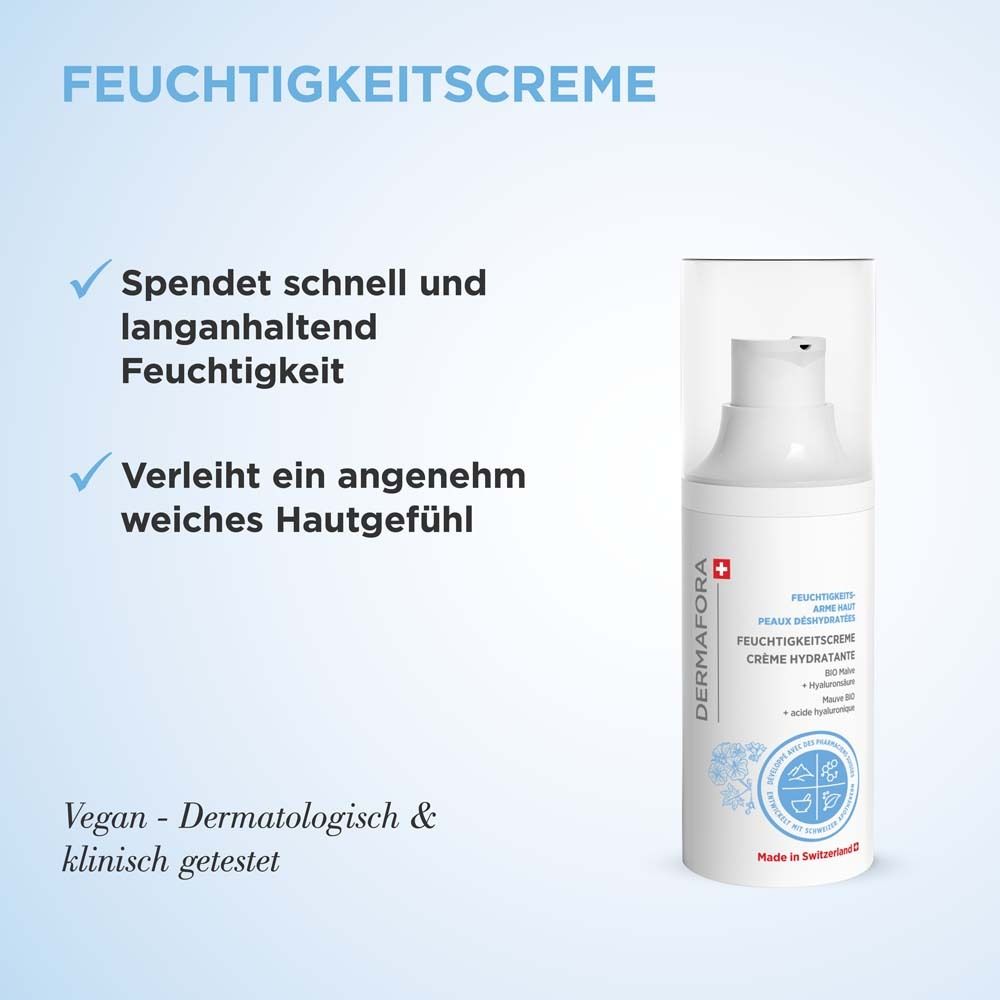 Produktflasche. Text: Feuchtigkeitscreme. Vegan. Dermatologisch getest. Spendet Feuchtigkeit. Weiches Hautgefühl.