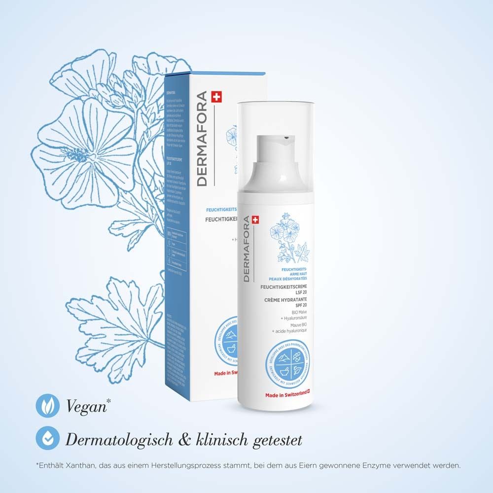 Produktflasche und Verpackung. Text: Feuchtigkeitscreme LSF 20. Vegan. Dermatologisch getestet. Schweizer Kreuz.