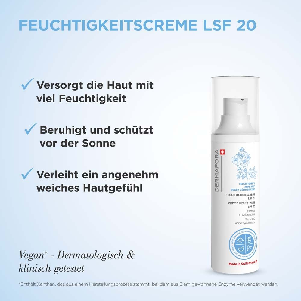 Produktflasche. Text: Feuchtigkeitscreme LSF 20. Versorgt mit Feuchtigkeit. Beruhigt. Weiches Hautgefühl.