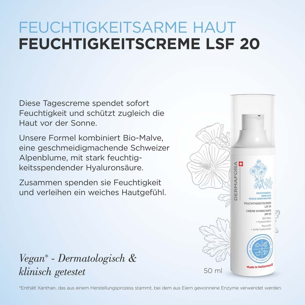 Produktflasche. Text: Feuchtigkeitsarme Haut. Feuchtigkeitscreme LSF 20. 50 ml. Vegan. Dermatologisch getestet.