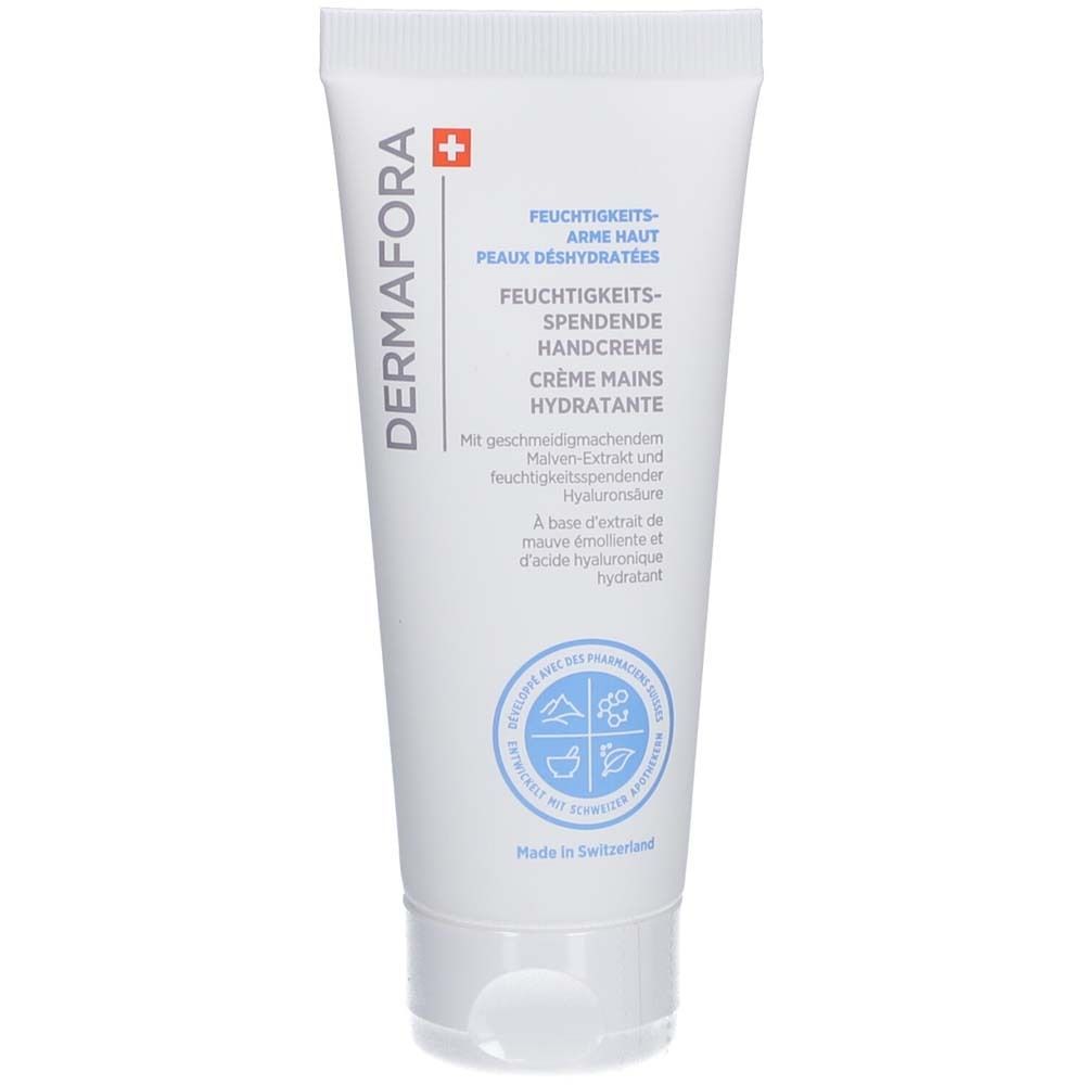 Weiße Tube mit Handcreme. Text: DERMAFORA, Feuchtigkeitsspendende Handcreme. Schweizer Kreuz. Siegel.