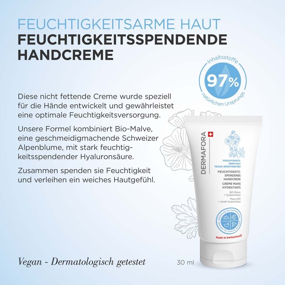Weiße Tube Handcreme. Text: Feuchtigkeitsspendende Handcreme. 97% natürlichen Ursprungs. Vegan. Dermatologisch getestet. 30 ml.