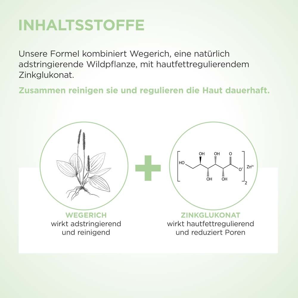 Grafische Darstellung von Wegerich und Zinkglukonat. Text über die Inhaltsstoffe und ihre Wirkung auf die Haut.