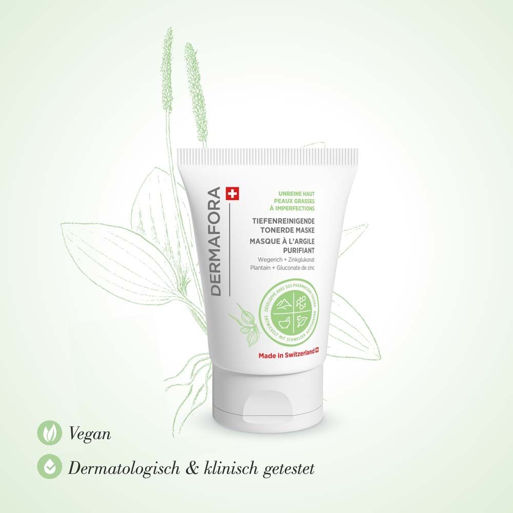 Weiße Tube mit Produktaufdruck. Logo und Schriftzug DERMAFORA. Schweizer Kreuz. Text: Tiefenreinigende Tonerde Maske. Vegan.
