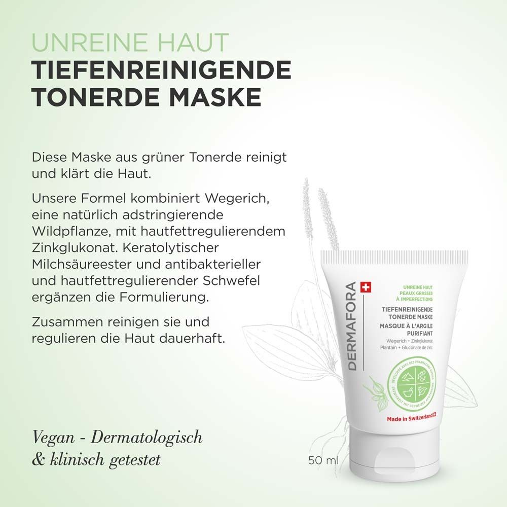 Produktabbildung mit Text. Text: Tiefenreinigende Tonerde Maske. Inhaltsstoffe. Vegan. Dermatologisch getestet. 50 ml.