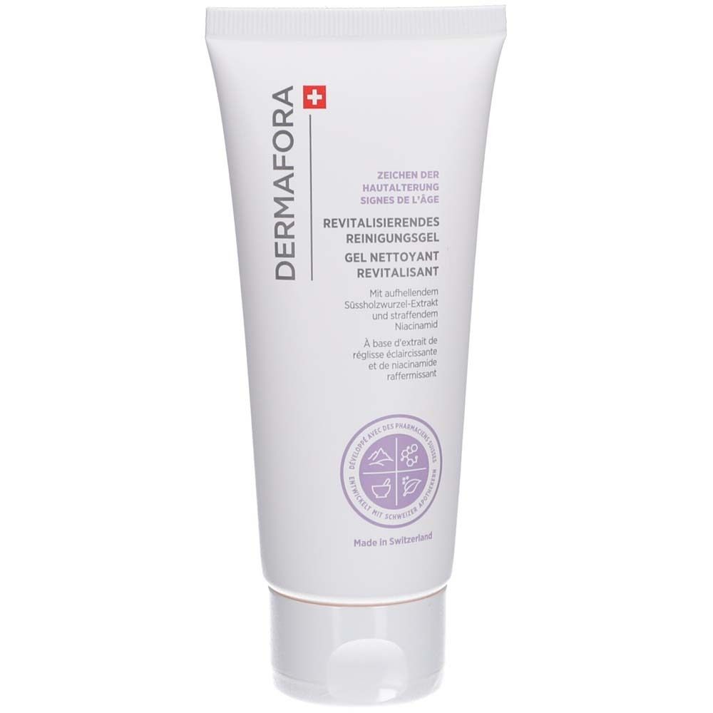 Weisse Tube mit Produkttext und Logo. Enthält Reinigungsgel. Schweizer Kreuz und Marke DERMAFORA sichtbar.