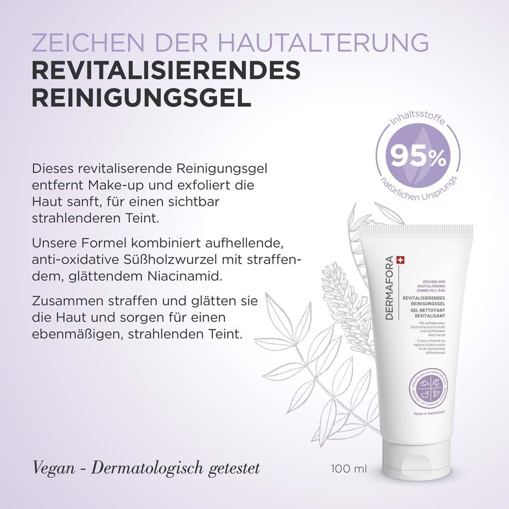 Produkt-Tube mit Text. Enthält Reinigungsgel. Vegan und dermatologisch getestet. 100 ml. Hintergrund mit Blättern und Text.