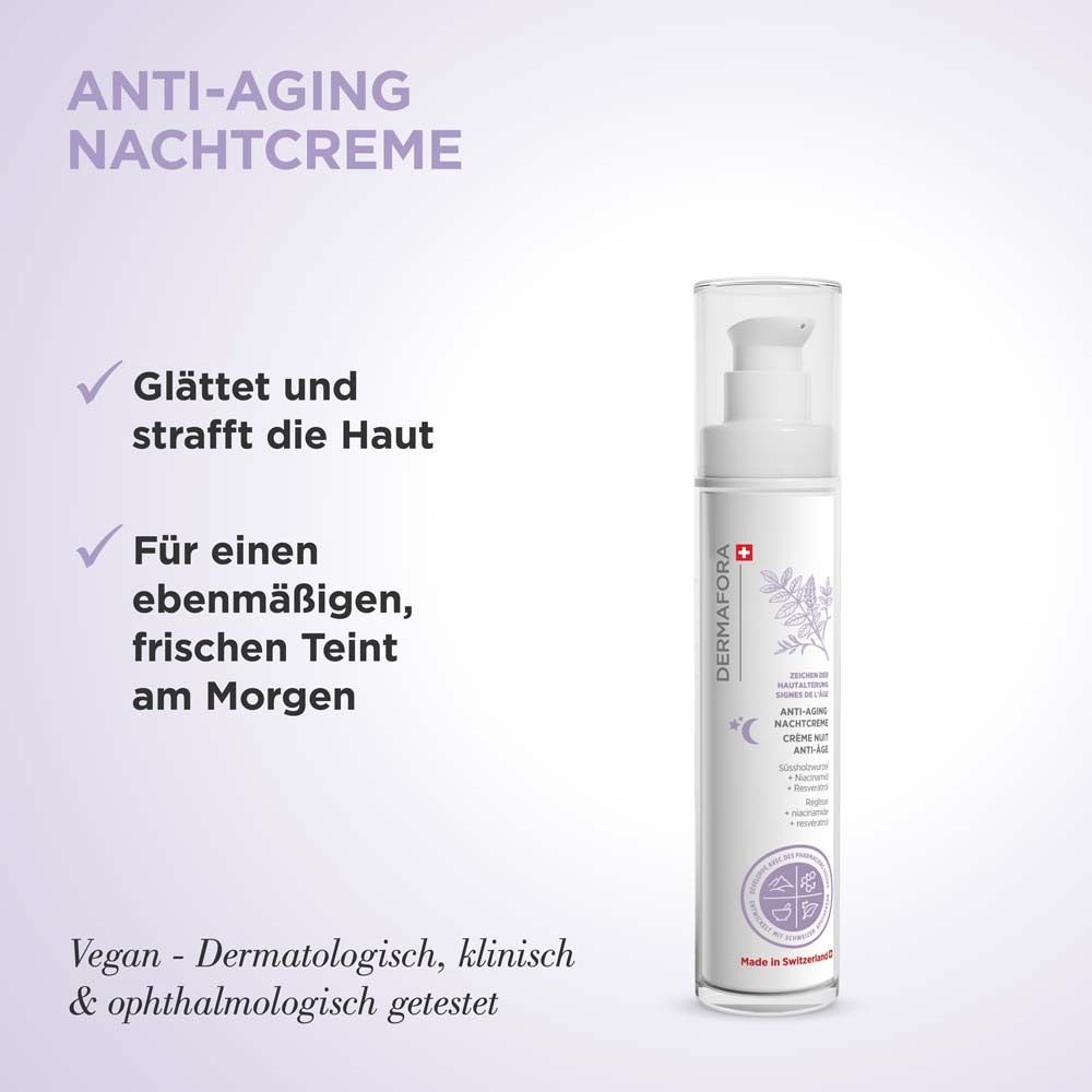 Produkt mit Text. Anti-Aging Nachtcreme. Text: glättet und strafft die Haut. Für einen ebenmäßigen, frischen Teint.