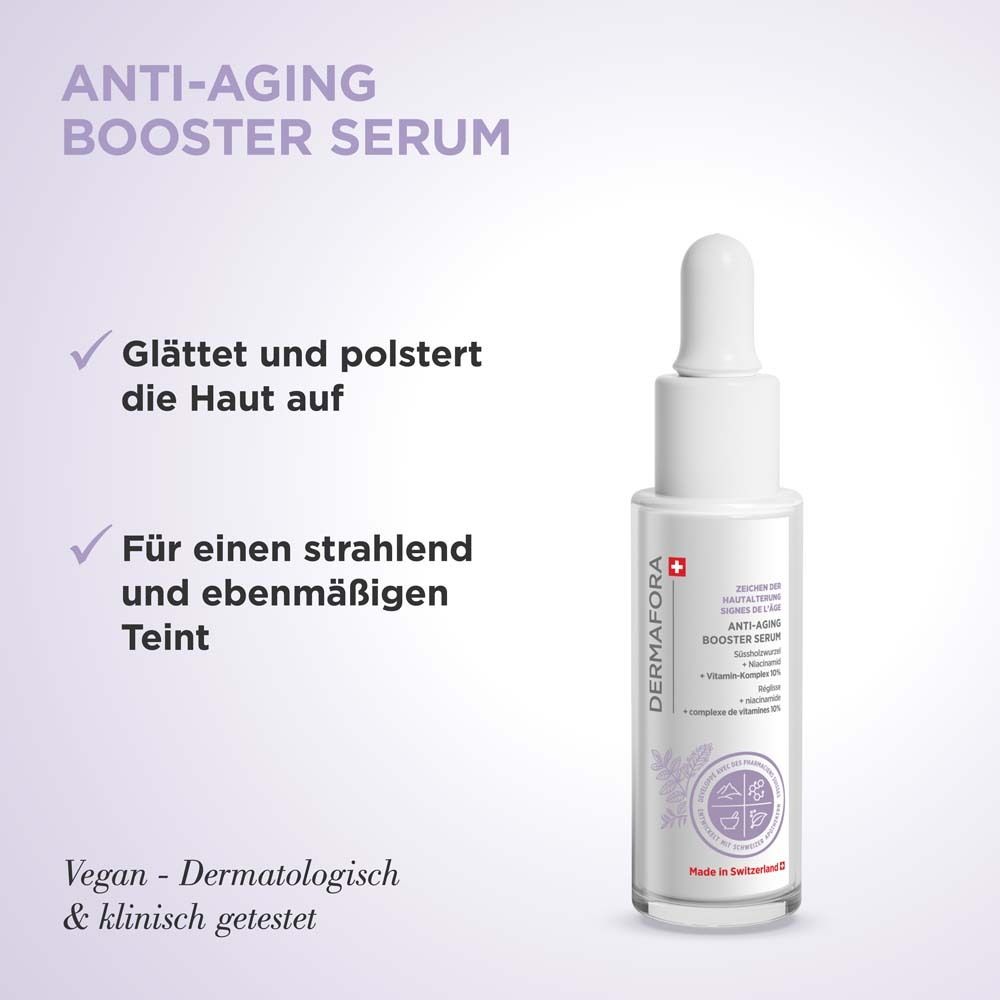Produkt mit Text. Flasche mit Pipette. Aufschrift: Anti-Aging Booster Serum. Vegan.