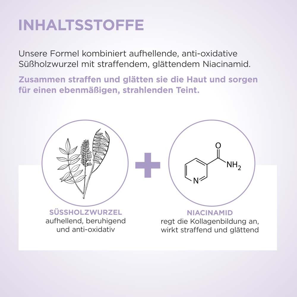 Inhaltsstoffe: Süßholzwurzel und Niacinamid. Kreisförmige Darstellungen. Text über Inhaltsstoffe.