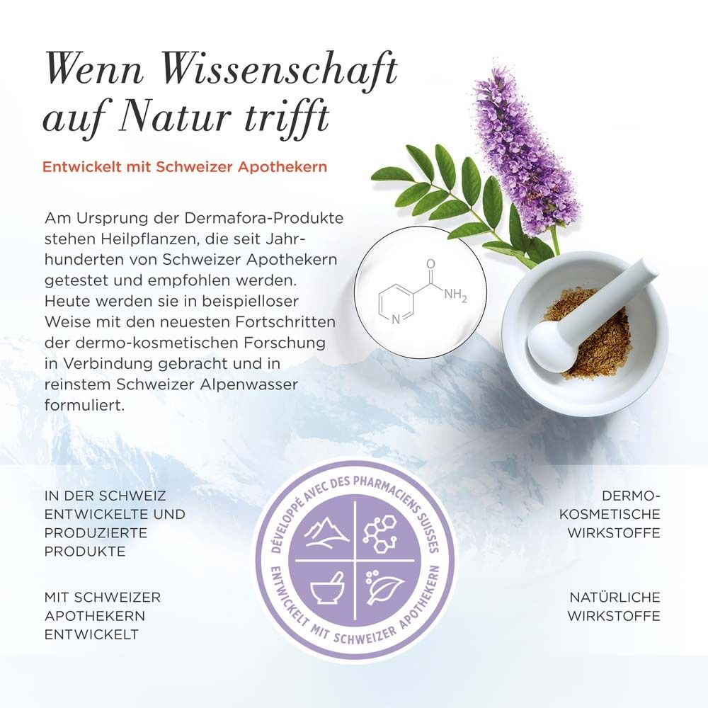 Werbetext: Wenn Wissenschaft auf Natur trifft. Illustrationen: Mörser, Lavendel, Molekül. Schweizer Apotheker.