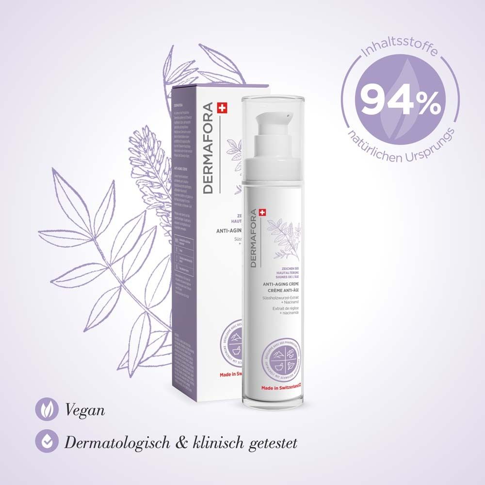 Produkt mit Verpackung. Aufschrift: DERMFORA, Anti-Aging Creme. 94% natürlichen Ursprungs. Vegan. Dermatologisch getestet.
