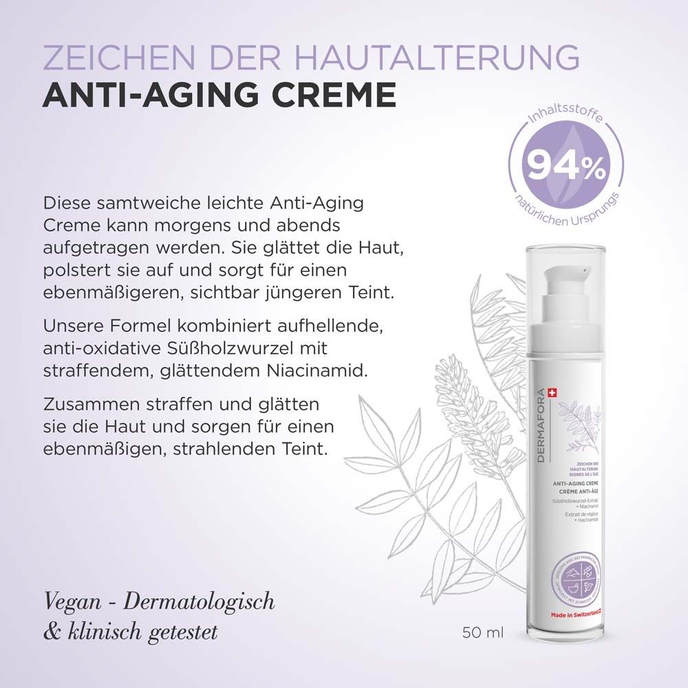 Produkt mit Text. Aufschrift: Anti-Aging Creme. 50 ml. Vegan. Dermatologisch & klinisch getestet. Inhaltsstoffe.