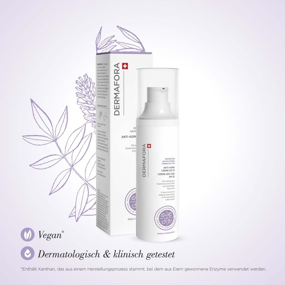 Weiße Creme-Flasche und Verpackung. Aufschrift: DERMFORA, Anti-Aging Creme LSF20. Vegan und dermatologisch getestet.