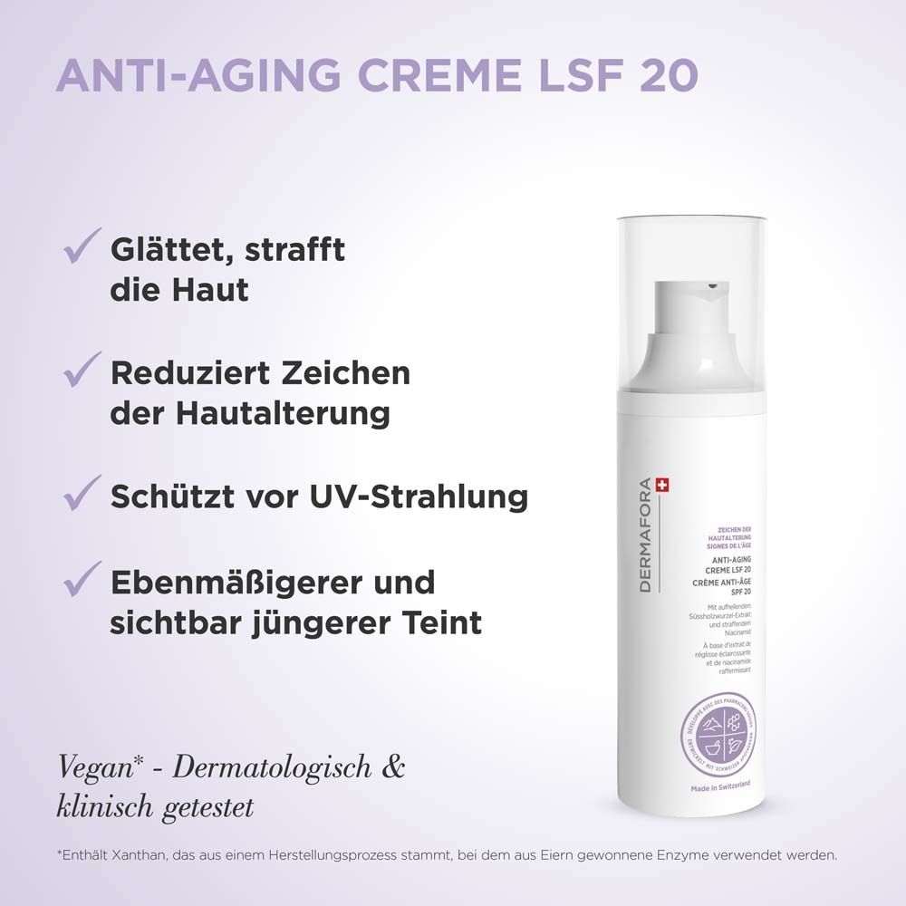 Weiße Creme-Flasche mit transparentem Deckel. Text: DERMFORA, Anti-Aging Creme LSF 20. Creme Anti-Âge SPF 20.