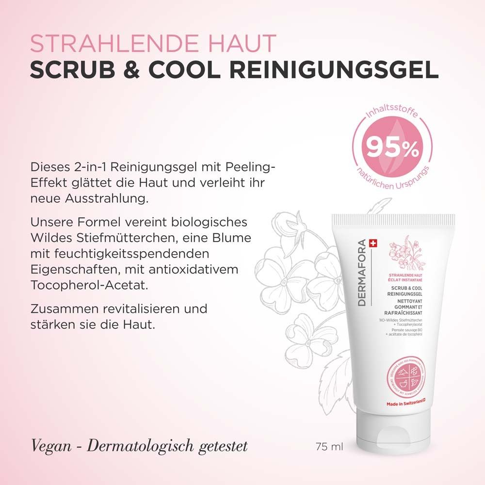 Produkt-Tube mit Text und Logo. Text: Scrub & Cool Reinigungsgel. 95% natürlichen Ursprungs. Vegan und dermatologisch getestet.