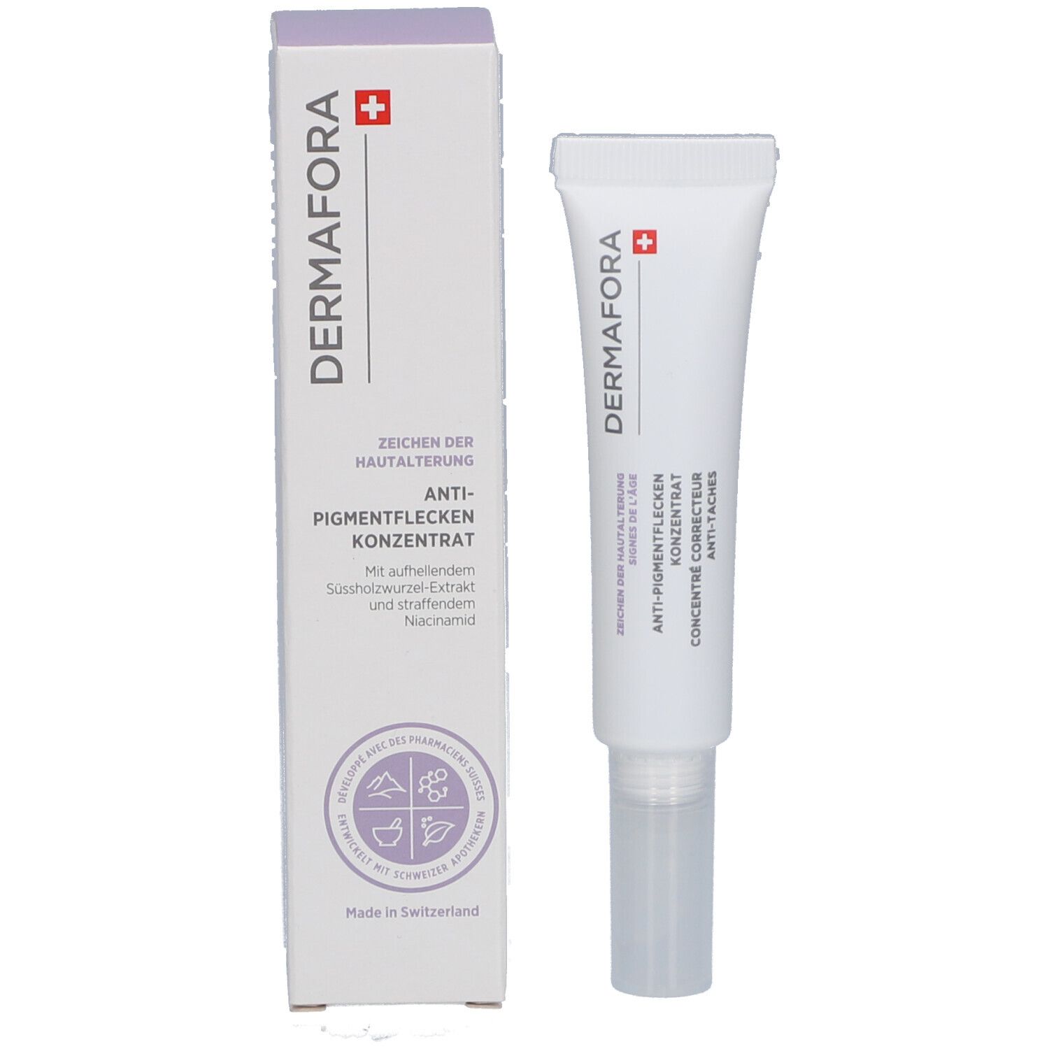 Produktverpackung mit Tube. "Dermafora"-Logo, Schweizer Kreuz. Anti-Pigmentflecken Konzentrat. Weiß und lila.