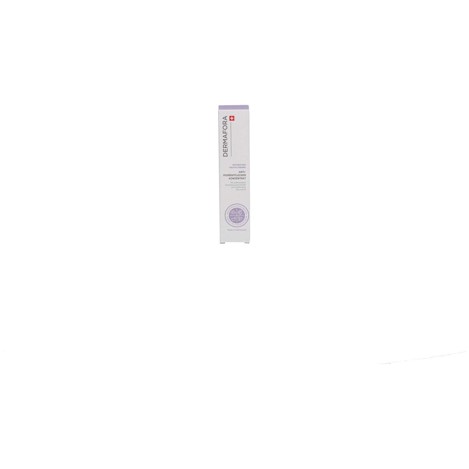 Aufrechte Produktverpackung. "Dermafora"-Logo, Schweizer Kreuz. Lila und weiß. Text über das Produkt.