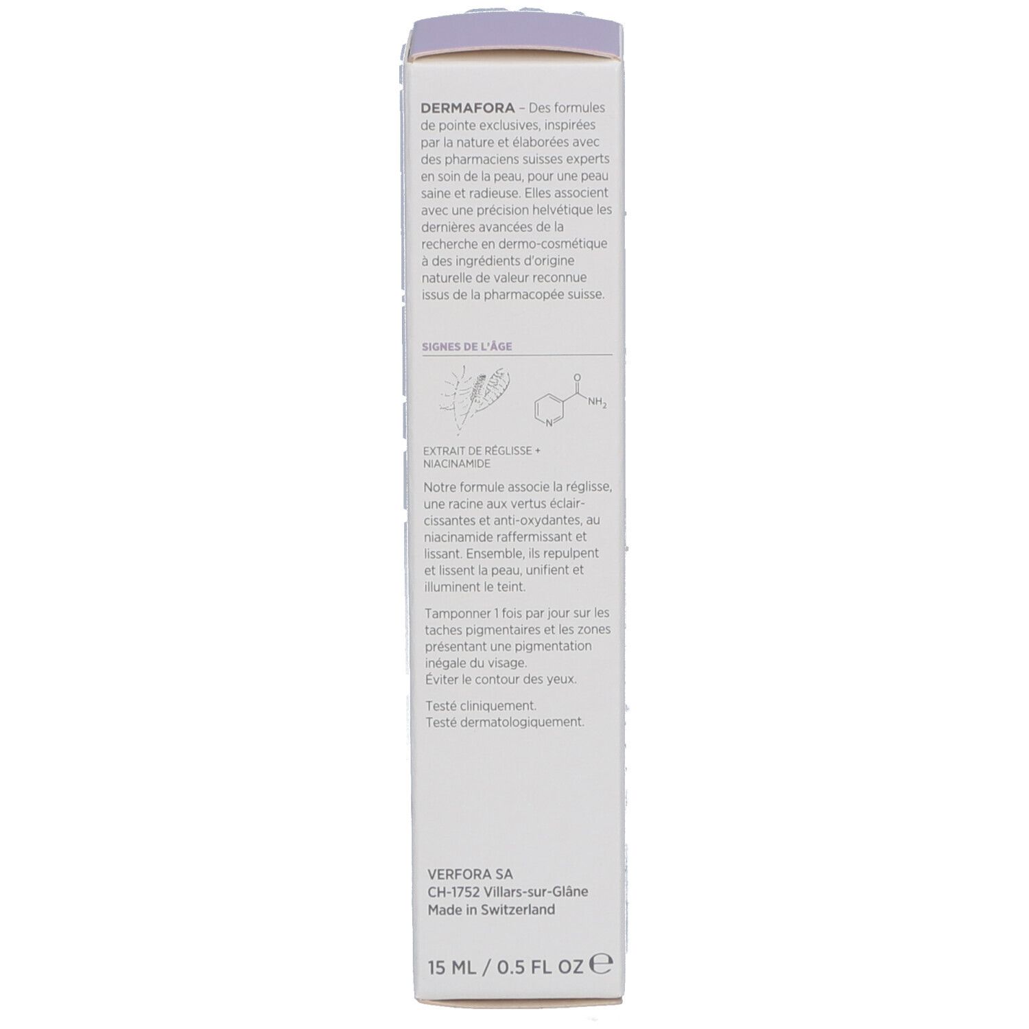 Rückseite der Produktverpackung. Text über Inhaltsstoffe und Anwendung. "Dermafora"-Logo und Schweizer Kreuz.