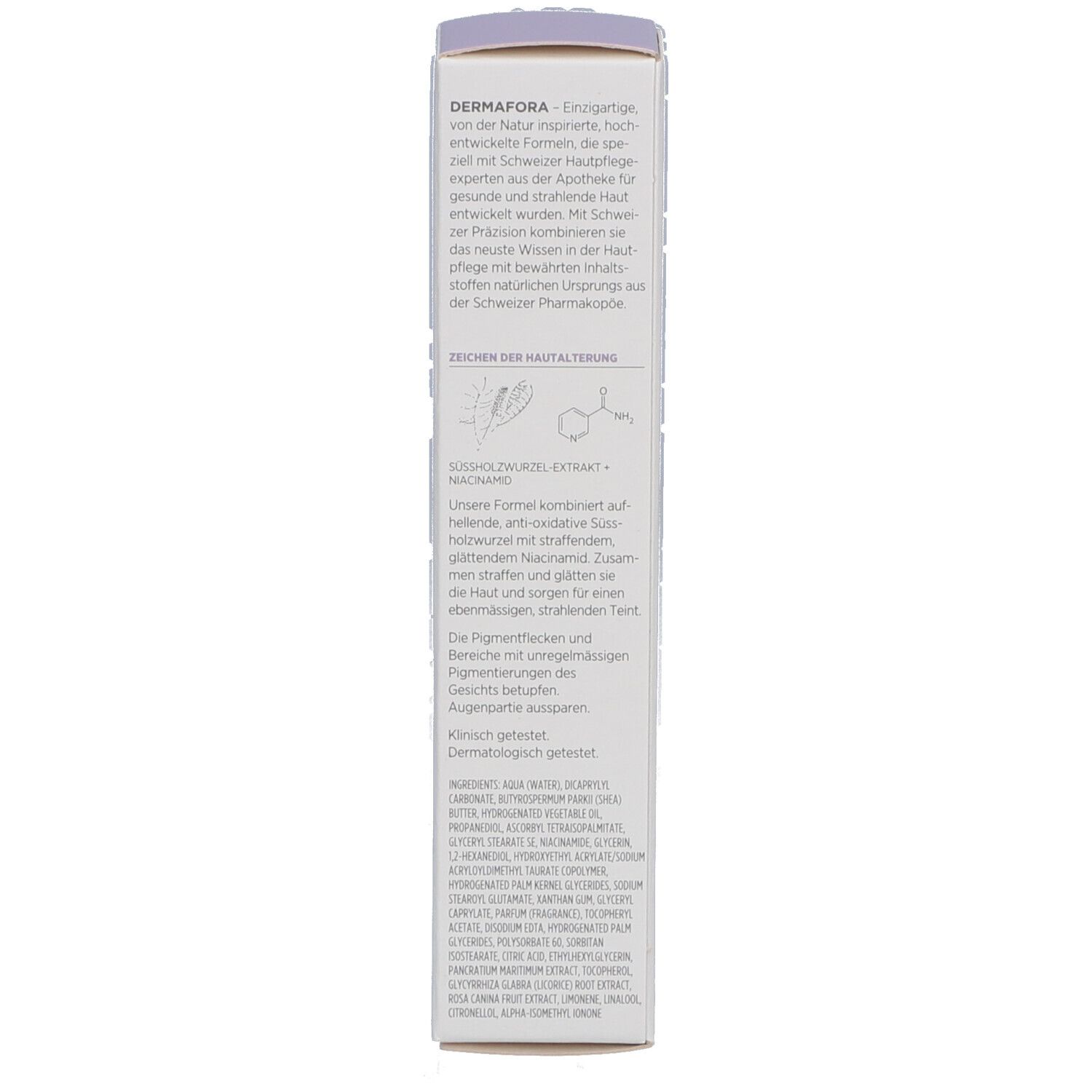 Rückseite der Produktverpackung. Text über Inhaltsstoffe und Anwendung. "Dermafora"-Logo und Schweizer Kreuz.